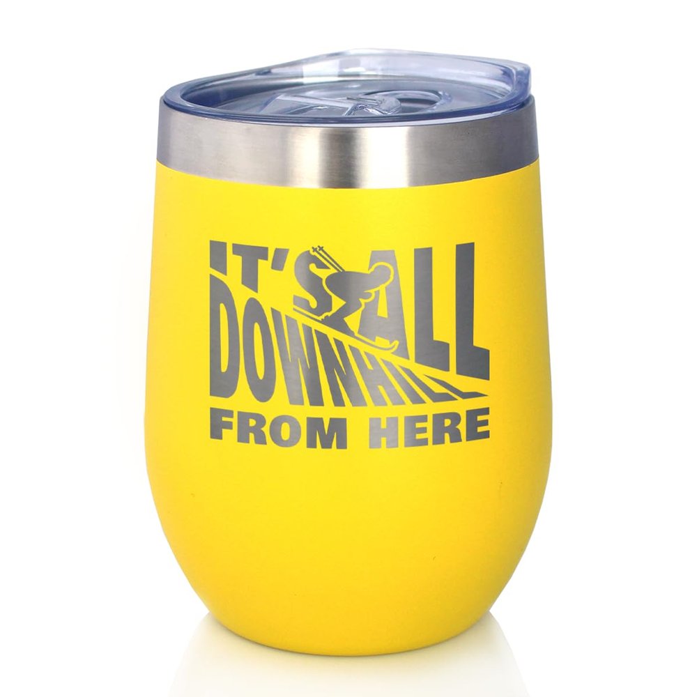 Bevvee Downhill From Here - Wine Tumbler Glass with Sliding Lid - Stainless Steel Travel Mug - Fun Skiing Gifts and Decor for Skiers - Yellow
