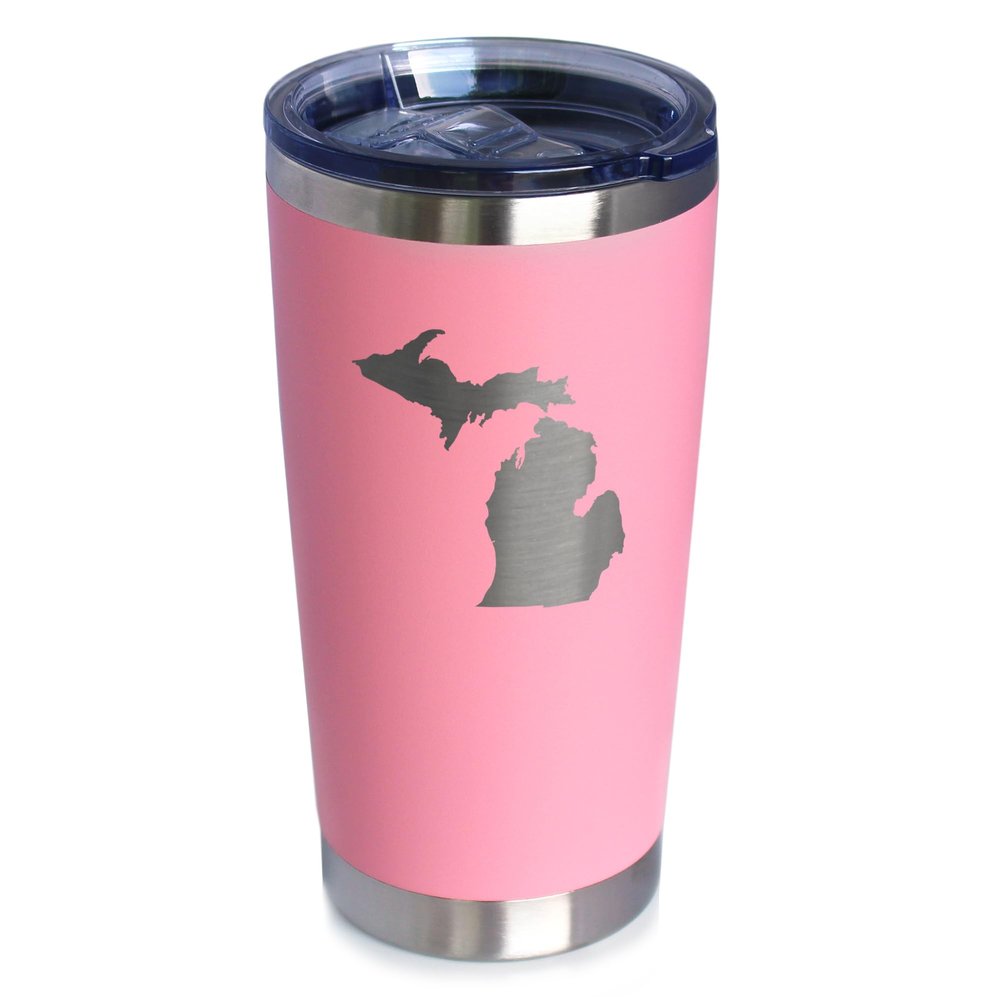 Bevvee Michigan State Outline - Insulated Coffee Tumbler Cup with Sliding Lid - Stainless Steel Travel Mug - Michigan Gifts and Decor for Women and Men - Pink