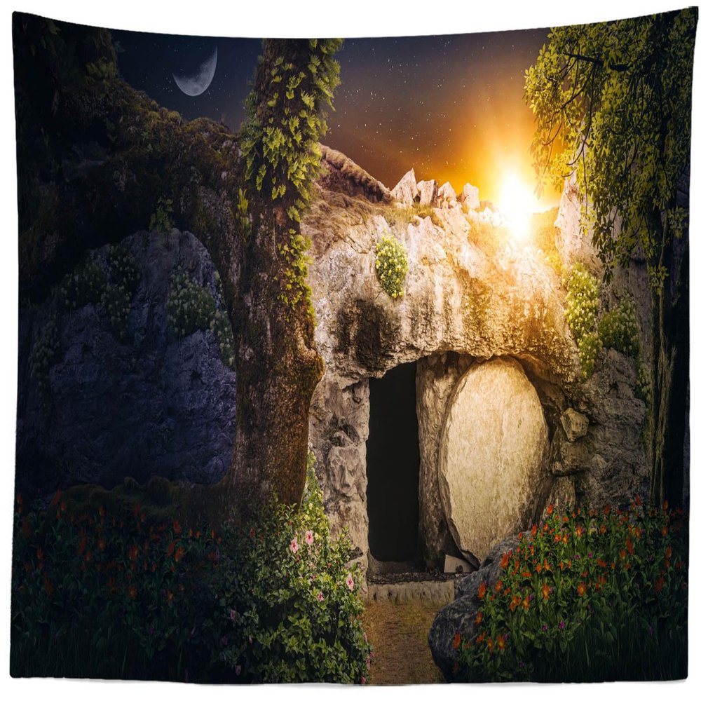 CORFOTO 117x98 Inch Fabric Jesus Empty Tomb Sunrise Tapestry Resurrection of Jesus Wall Hanging Christian Religious Easter Tapestry for Bedroom Aesthetic Living Room College Dorm Decor