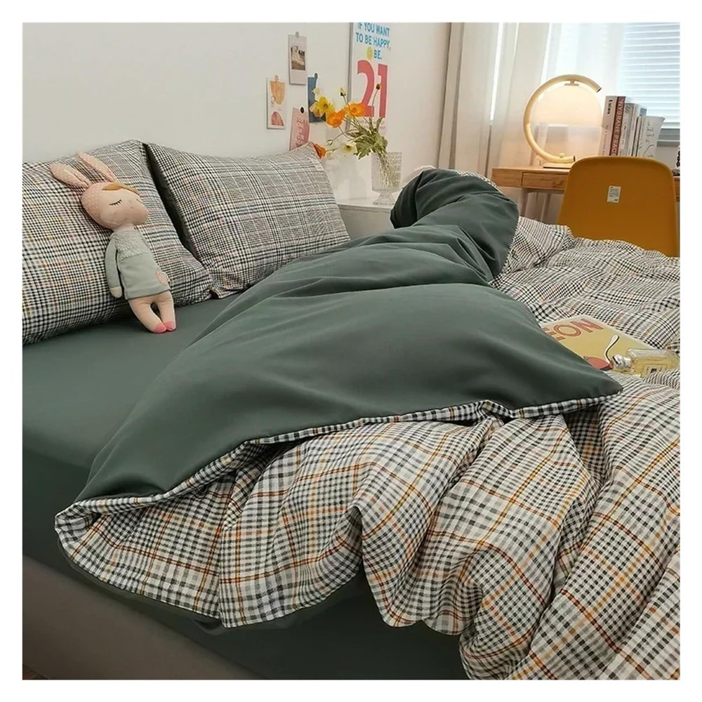 ADovz 100% Cotton 3pcs Plaid Duvet Cover Sets,Grid Geometric Pattern Printed Comforter Cover,with Zipper Closure & Corner Ties,Bed Sheets
