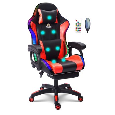 WZDHYYWS Gaming Chair with 7-Point Massage Function, Ergonomic Computer Chair with Footrest and Lumbar Support, Video Gaming Chair with RGB Lights and Speakers, Adjustable Backrest Swivel Chair,Red