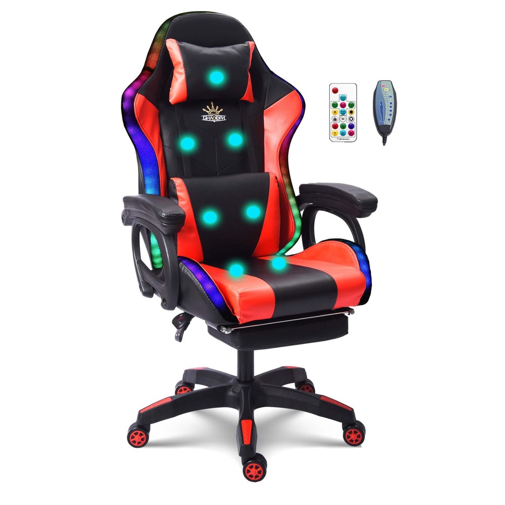 WZDHYYWS Gaming Chair with 7-Point Massage Function, Ergonomic Computer Chair with Footrest and Lumbar Support, Video Gaming Chair with RGB Lights and Speakers, Adjustable Backrest Swivel Chair,Red