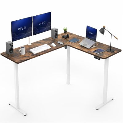 VIVO Corner Standing Desk, 75 x 63 inch Reversible L-Shaped Workstation, Electric Height Adjustment, Home, Office, and Reception Rooms, Rustic Vintage Brown Table Top White Frame, DESK-E3CTWN-75