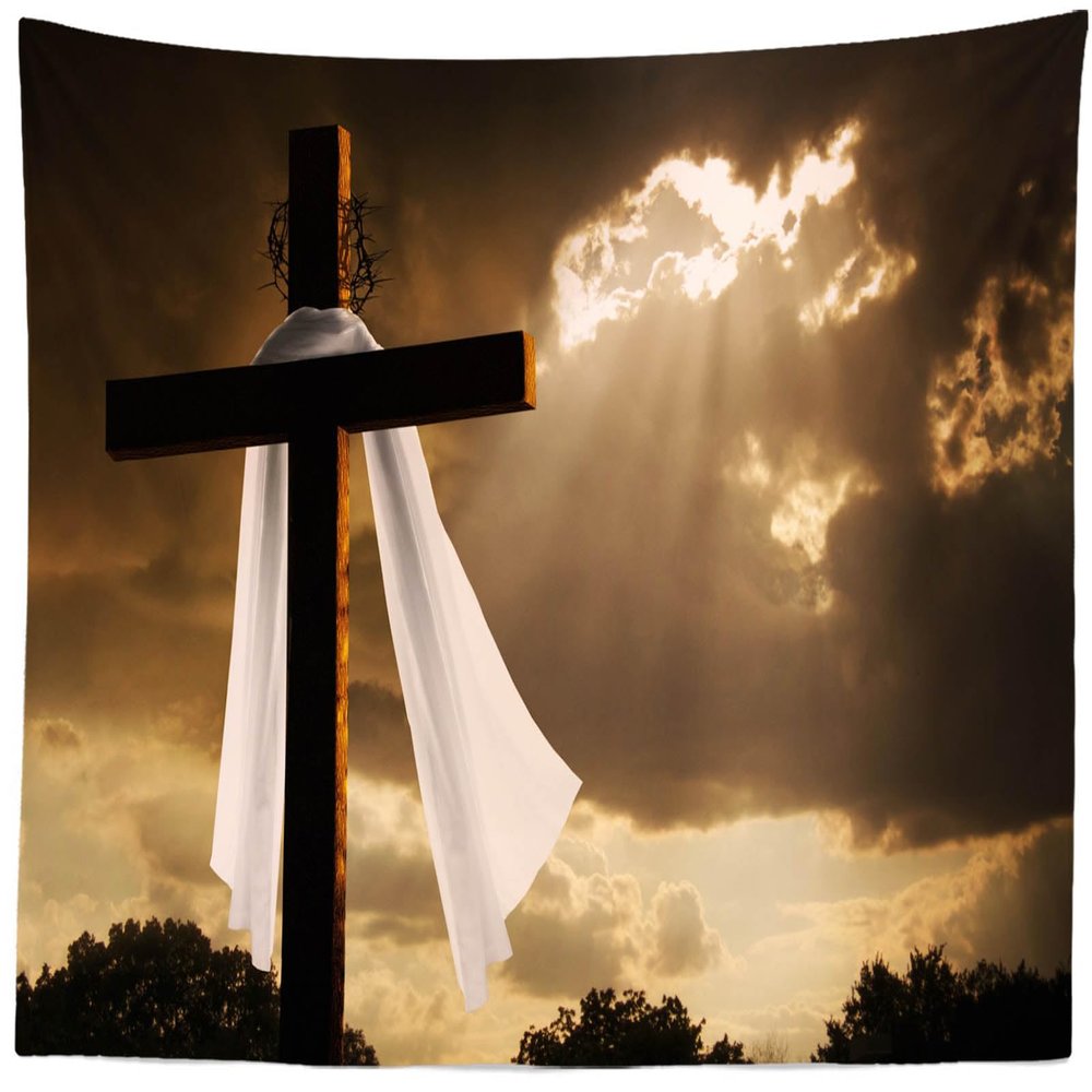 CORFOTO 117x98 Inch Fabric Jesus Christ Cross Tapestry Crown of Thorns Dim Sky Crucifix Crosses Wall Hanging Christian Easter Tapestry for Bedroom Aesthetic Living Room College Dorm Decor