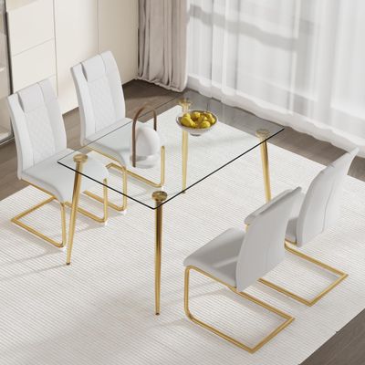 WEKEOT 51" Glass Dining Table Set for 4 Rectangular Modern Tempered Glass Table Upholstered PU Leather Chair (1Golden Table, 4White Chairs)