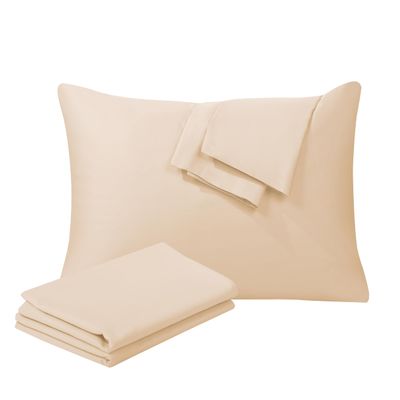 100% Egyptian Cotton Pillow Protectors Set of 4, 400 Thread Count Sateen Weave Pillowcase, Easy Care Zippered Style Pillow Covers (Beige, 4 Pack, Queen)