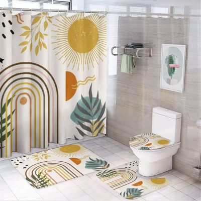 FBMLBRB Brebasf Watercolor Boho Style Sun 4 Pcs Waterproof Shower Curtain Set,Modern Spring Green Leaves Geometric Lines Sun with Waterproof Toilet Cover Shower Mat Rugs