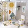 FBMLBRB Brebasf Watercolor Boho Style Sun 4 Pcs Waterproof Shower Curtain Set,Modern Spring Green Leaves Geometric Lines Sun with Waterproof Toilet Cover Shower Mat Rugs view 1