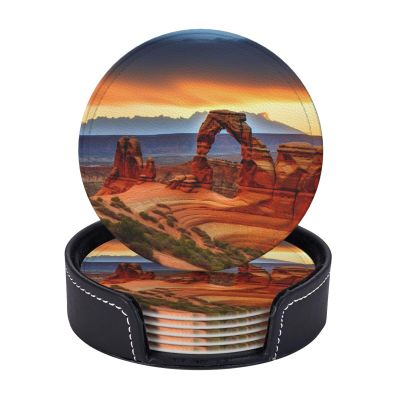 Arches National Park Set of 6 Drink Coasters with Holder Leather Coasters Tabletop Protection Cup Mat for Bar Decorate Cup pad for Coffee Table Kitchen Dining Room