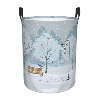 Birds In The Park On A Snowy Day Laundry Basket,Collapsible Circular Laundry Hamper,Clothes Hamper For Bathroom Bedroom Dorm