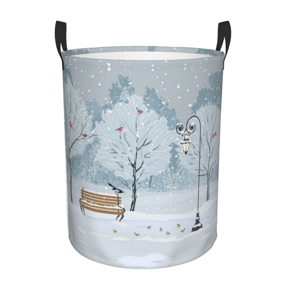 Birds In The Park On A Snowy Day Laundry Basket,Collapsible Circular Laundry Hamper,Clothes Hamper For Bathroom Bedroom Dorm