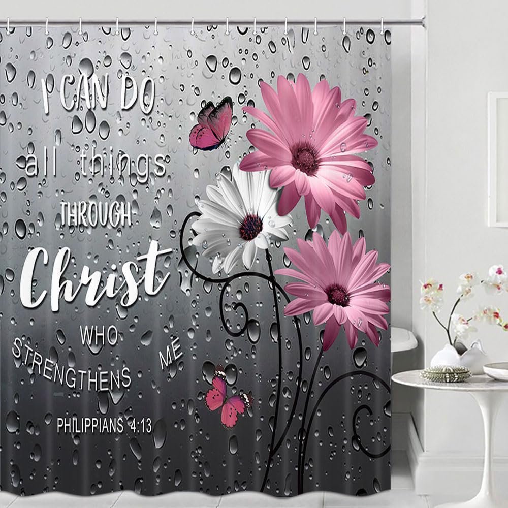 Farmhouse Pink Floral Shower Curtain, Bible Verse Inspirational Quote Turquoise Grey Bath Curtains, Rustic Botanical Floral Christian Scripture Faith Bathroom Curtain with Hooks