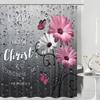Farmhouse Pink Floral Shower Curtain, Bible Verse Inspirational Quote Turquoise Grey Bath Curtains, Rustic Botanical Floral Christian Scripture Faith Bathroom Curtain with Hooks view 1