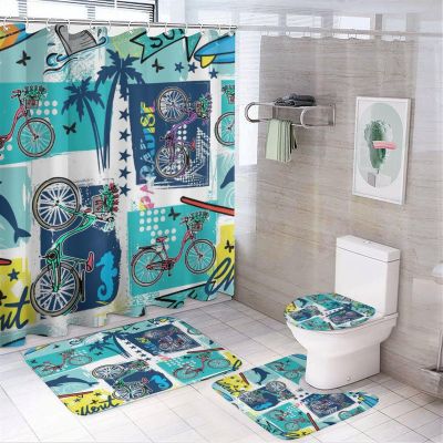 FBMLBRB Brebasf Rustic Cartoon Surfboard Bicycle 4 Pcs Waterproof Shower Curtain Set,Modern Tropical Sea Animal Dolphin Seahorse with Waterproof Toilet Cover Shower Mat Rugs