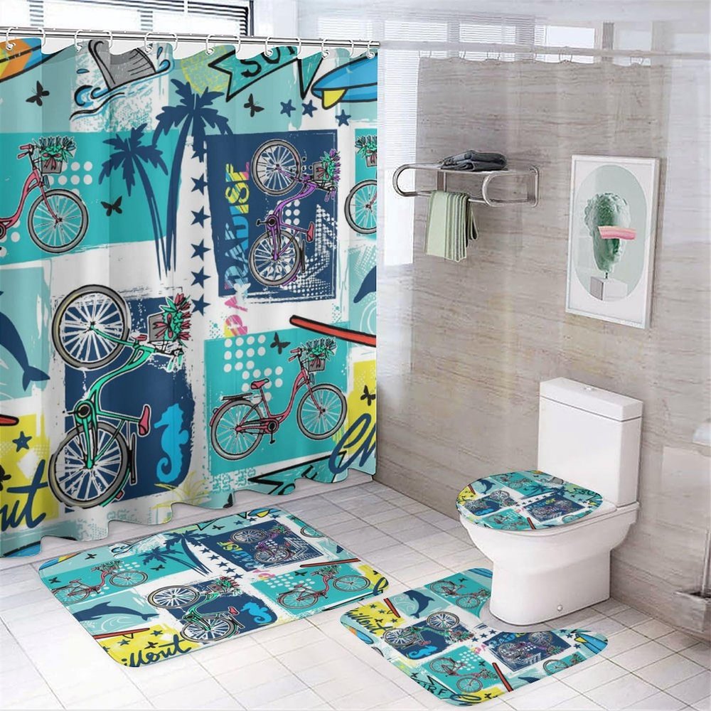 FBMLBRB Brebasf Rustic Cartoon Surfboard Bicycle 4 Pcs Waterproof Shower Curtain Set,Modern Tropical Sea Animal Dolphin Seahorse with Waterproof Toilet Cover Shower Mat Rugs