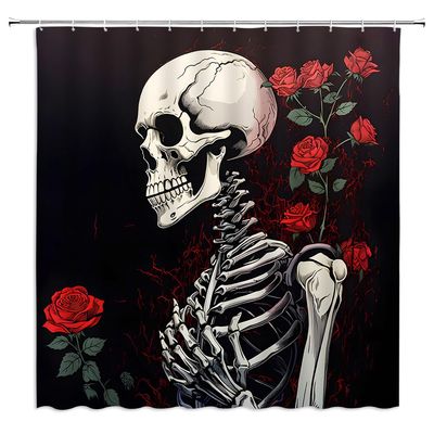 ZWSMZW Skull Floral Shower Curtain Gothic Skeleton Red Rose Valentine's Day Romantic Plant Vintage Black Red Bathroom Decor Fabric Curtains with Hooks