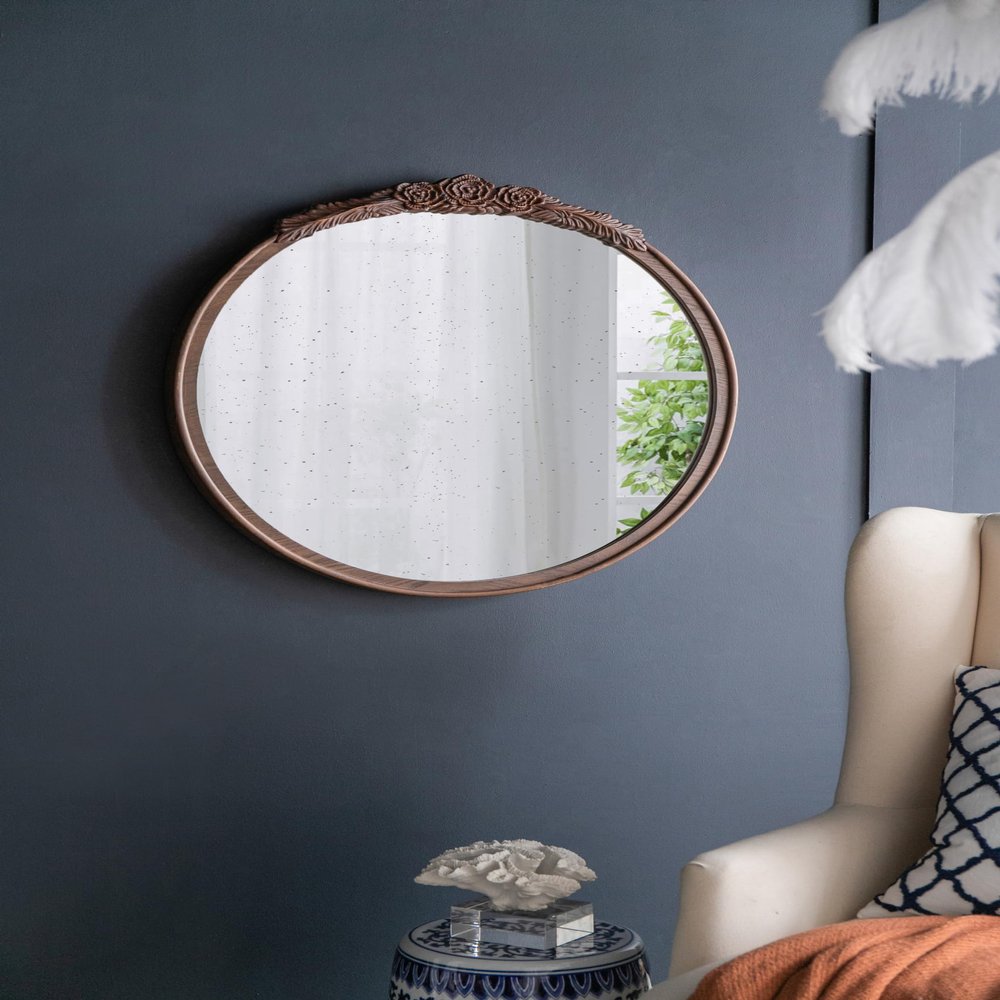 30"x30" Round Hand Carved Rose Antique Mirror e, Wall Mirror for Live Space, Bathroom, Entryway Wall Dcor(Brown)