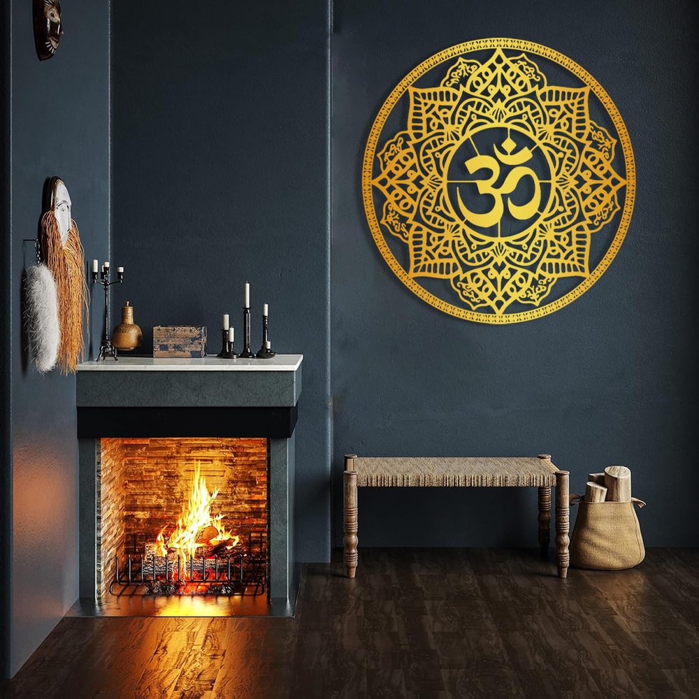 Om Mandala Metal Wall Art, Metal Mandala Wall Decor, Metal Yoga Wall Hanging, Zen Yoga Room Decor, Metal Wall Art Decor for Living Room, Spiritual Gifts, Meditation Room Decor, Yoga Lover Gift (24"x24"|60x60cm, Gold)