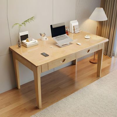 RUNNUP Modern Wood Writing Desk with 2 Drawers 39.5" Home Office Desk Simple Study Desk for Small Spaces, Without Chairs Natural