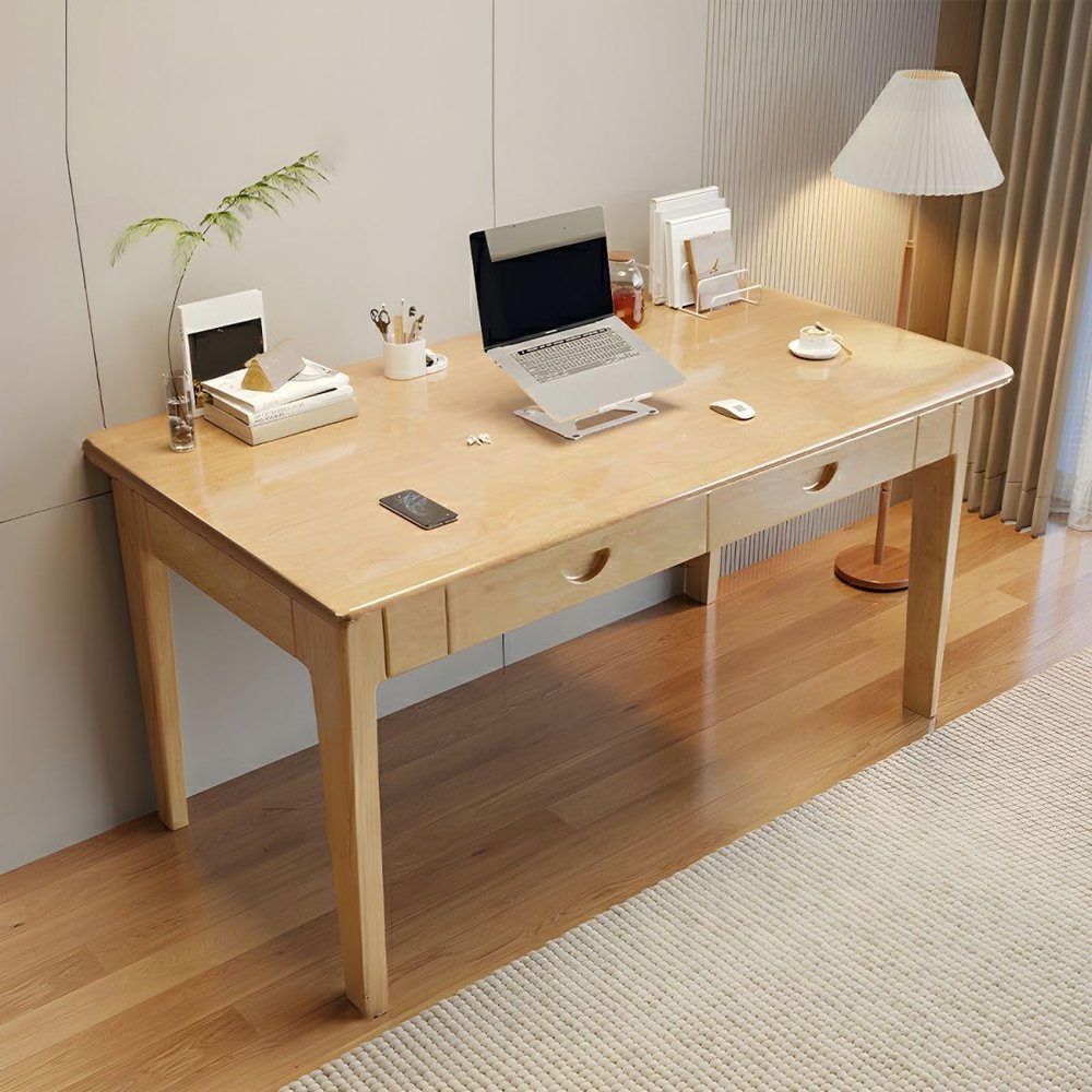RUNNUP Modern Wood Writing Desk with 2 Drawers 39.5" Home Office Desk Simple Study Desk for Small Spaces, Without Chairs Natural