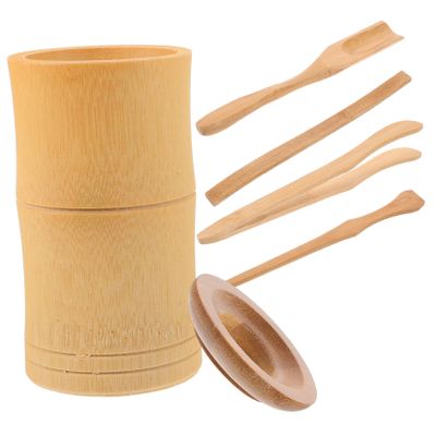 Anneome 6pcs Bamboo Tea Set Chinese Tea Ceremony Accessories Storage Bucket Includes Clip Set and Spoon for Relaxation and Meditation