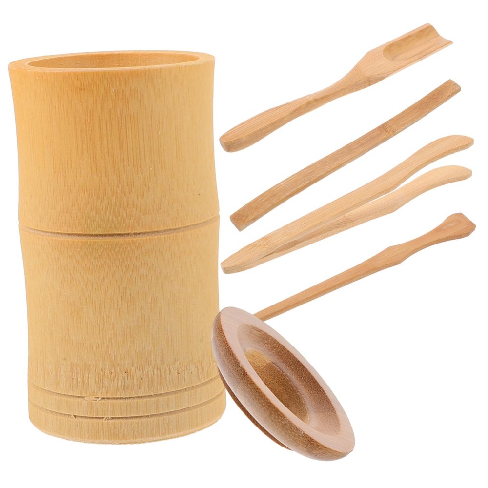 Anneome 6pcs Bamboo Tea Set Chinese Tea Ceremony Accessories Storage Bucket Includes Clip Set and Spoon for Relaxation and Meditation