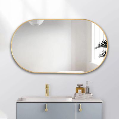 Wall Mounted Mirror, 36x18 Oval Bathroom Mirror, Gold Vanity Wall Mirror w/Stainless Steel Metal Frame & Pre-Set Hooks for Vertical & Horizontal Hang, Ideal for Bedroom, Bathroom