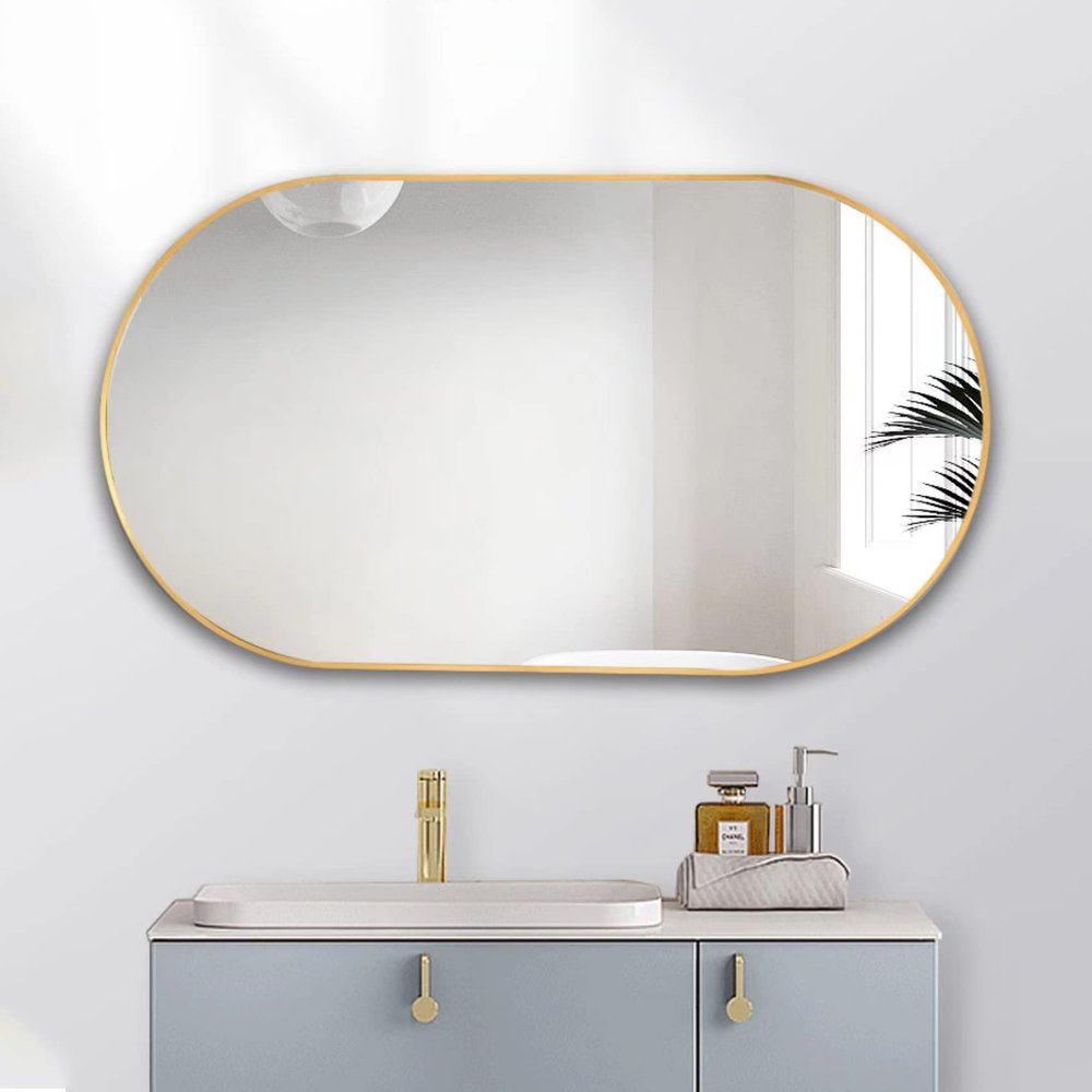 Wall Mounted Mirror, 36x18 Oval Bathroom Mirror, Gold Vanity Wall Mirror w/Stainless Steel Metal Frame & Pre-Set Hooks for Vertical & Horizontal Hang, Ideal for Bedroom, Bathroom