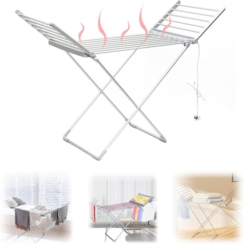 Heated Clothes Airer, 20 Bars Folding Winged Electric Drying Rack Energy-Efficient, Indoor Fast Clothes Horse for Clothing, Towels, Bedding, 147 X 94 X 54cm