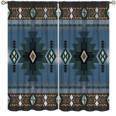 Aztec Curtains,Southwestern Native Tribal Navajo American Ethnic Abstract Triangular Geometric Vintage Curtains,Bluege Curtains,Blue 42x45 Inch