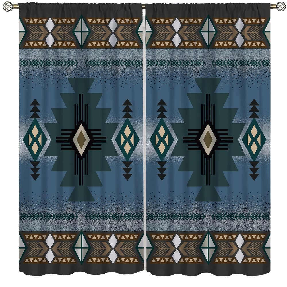 Aztec Curtains,Southwestern Native Tribal Navajo American Ethnic Abstract Triangular Geometric Vintage Curtains,Bluege Curtains,Blue 42x45 Inch