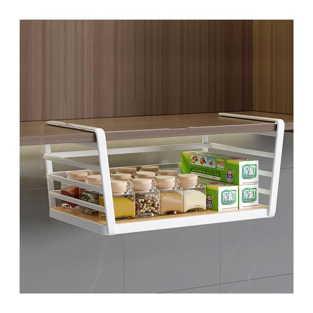 Dxcaicc Under Shelf Basket Kitchen Cabinet with Hooks,Kitchen Cabinet Organizer Storage,Hanging Basket Shelves,Large Capacity Undershelf Storage,Storage Rack for Kitchen,Bathroom,B
