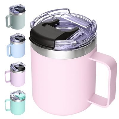 ALOUFEA 12oz Insulated Coffee Mug Cup with Handle, Stainless Steel Travel Coffee Mug with Flip Lid, Double Wall Vacuum Coffee Tumbler,Blush