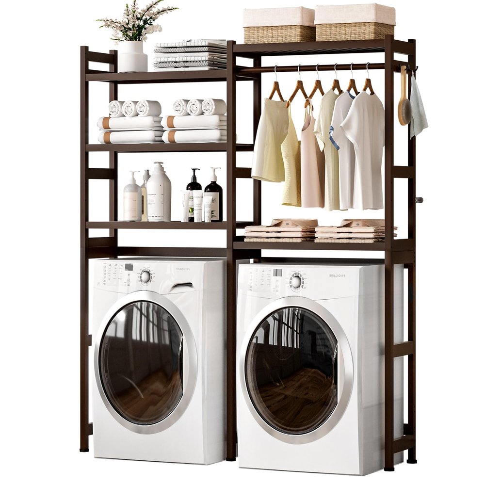 Cozivolife Over The Washer and Dryer Storage Shelf Bamboo,5 Tiers Laundry Room Drying Rack with Adjustable Shelves and 4 Hooks,Space Saver Organizer for Hanging Clothes and Towels (Brown)