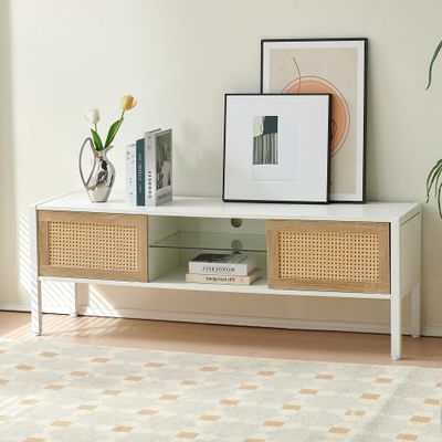 54.33" Rattan TV Cabinet with Variable Color Light Strip, Double Sliding Doors for Storage, Adjustable Shelf, Metal Legs, TV Console for Living Room,White