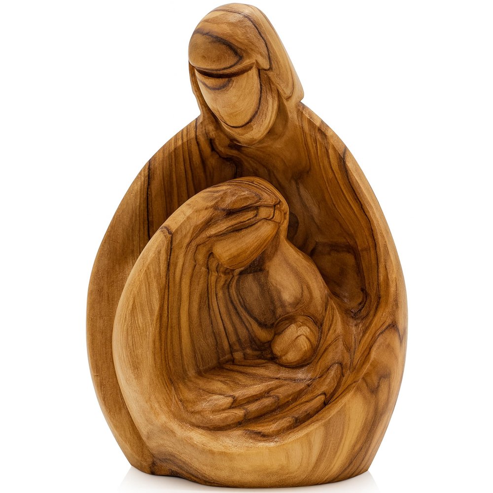 Zuluf Hand-Carved Olive Wood Holy Family Statue Mary, Joseph & Baby Jesus Nativity Scene for Christmas Decor Catholic Wooden Figurine 4.3" for Home or Church Display HOF001