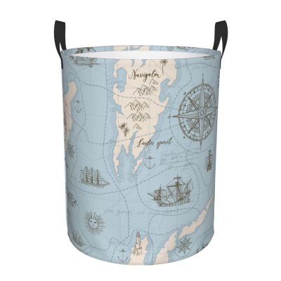 Vintage Nautical Map Wind Roses Laundry Hamper with Durable Handle Waterproof Foldable Laundry Basket Circular Dirty Clothes Storage Basket for Bedroom Bathroom College Dorm