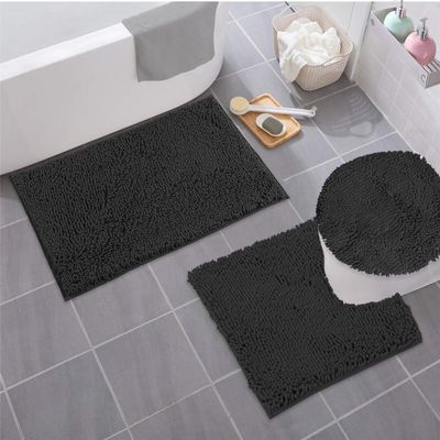 Ultimate Black Bathroom Comfort Bundle: Luxury Chenille Bath Mat Set + Plush Toilet Lid Cover for Cloud-Like Softness and Style