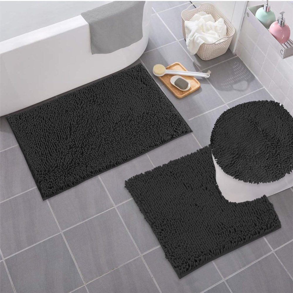 Ultimate Black Bathroom Comfort Bundle: Luxury Chenille Bath Mat Set + Plush Toilet Lid Cover for Cloud-Like Softness and Style