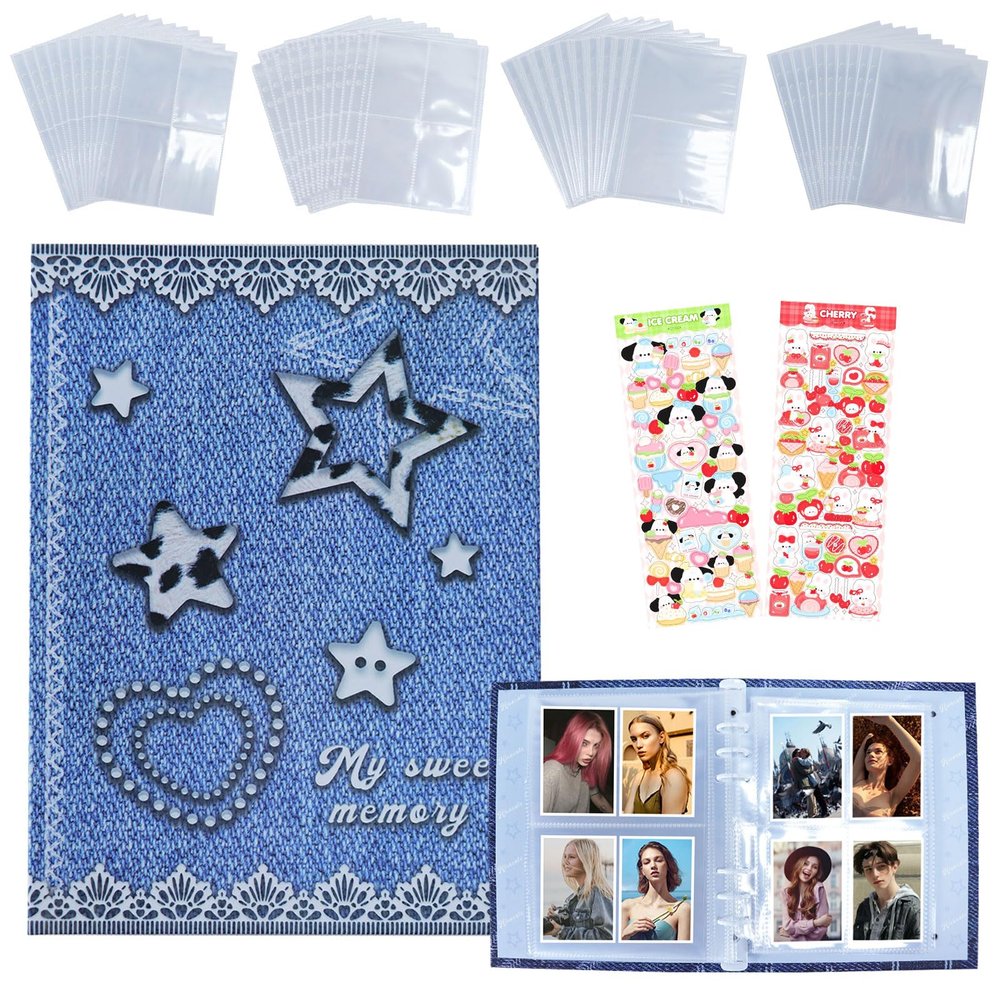 A5 Binder Photo Album with 25Pcs Inner Pages, Photocard Album with 4 Kind of Different Inner Page 6 Ring Photocard Binder Card Protectors Pages 17.8 * 3.6 * 23.5cm (Cow Star)