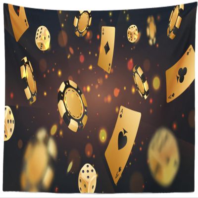 CORFOTO 140x117 Inch Casino Theme Tapestry Dropped Gold Poker Chips, Tokens, Dice, Playing Cards Black Boken Wall Hanging for Casino Gaming Party Decorations Living Room Dorm Decor