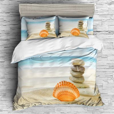 Boasorte Beach Shells Prints Duvet Cover Set | Summer Sea Style Sea Star Conch Design Bedding Set | with Soft Duvet Cover+2 Pillow Shams(3pcs) or Sheet (4pcs) (B,Queen-3PCS)