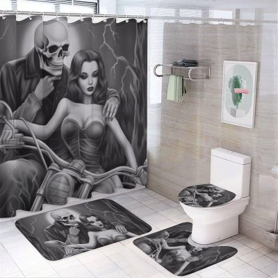 Motorcycle Biker Lovers Rose Skeleton 4 Pcs Bathroom Shower Curtain Set,Bathroom Sets with Rugs (Bath Mat,U Shape and Toilet Lid Cover Mat), Bathroom Decor Set