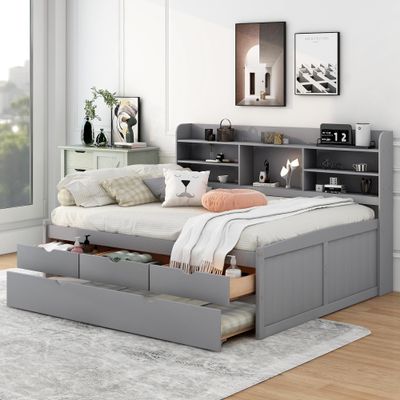 Merax Full Size Daybed, Wooden Captain Bed with Built-in Bookshelves, Full Daybed with 3 Storage Drawers and Trundle, Light Grey