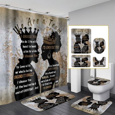 4Pcs Black Man Women Shower Curtain Set with Rugs Toilet Lid Cover Bath Mat, Valentine's Day Romantic Couples Bathroom Decor Sets with Shower Curtain and Hooks, Waterproof Fabric King Queen Sets