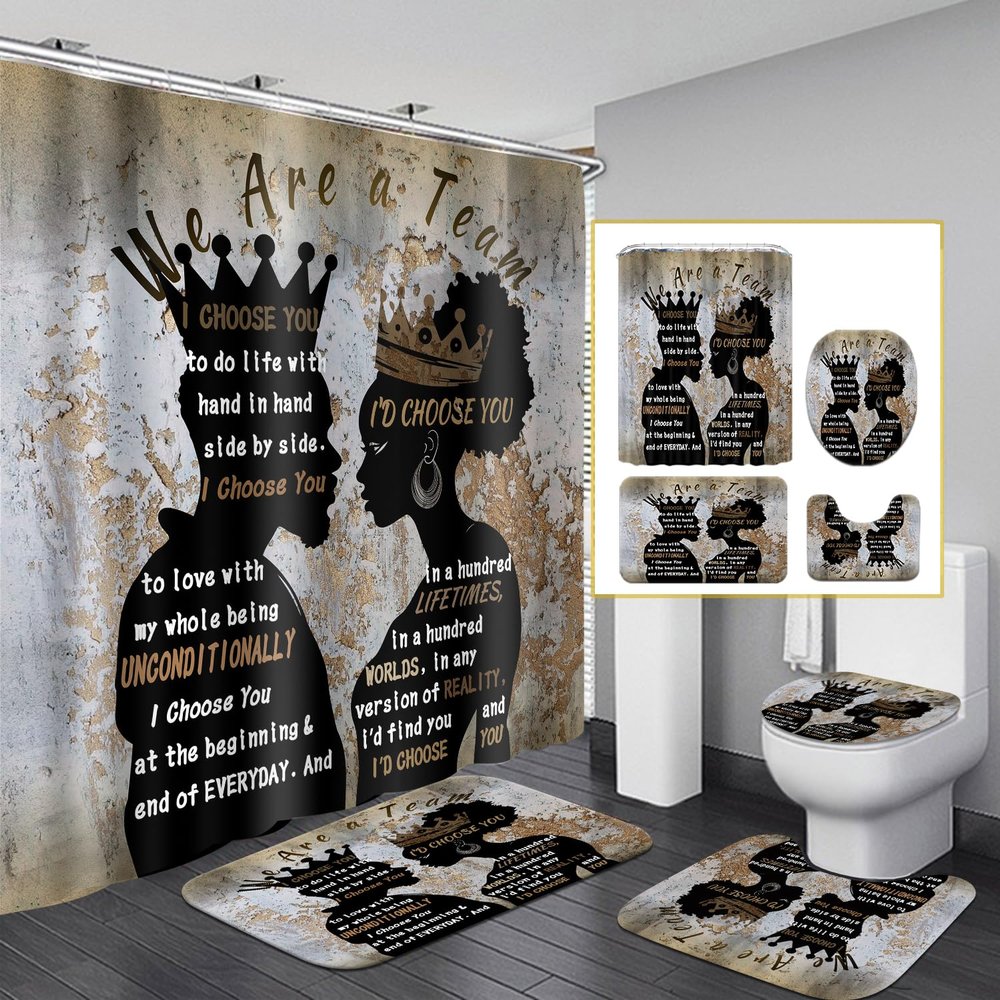4Pcs Black Man Women Shower Curtain Set with Rugs Toilet Lid Cover Bath Mat, Valentine's Day Romantic Couples Bathroom Decor Sets with Shower Curtain and Hooks, Waterproof Fabric King Queen Sets