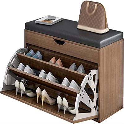 Entryway Bench, Shoe Bench for Living Room, Shoe Stool Storage Tipping Bucket-Shaped Vintage Frame, Creative Shoe Replacement Stool with Leather Cushion (Color : Brown, Size : 60 * 34 * 50cm)