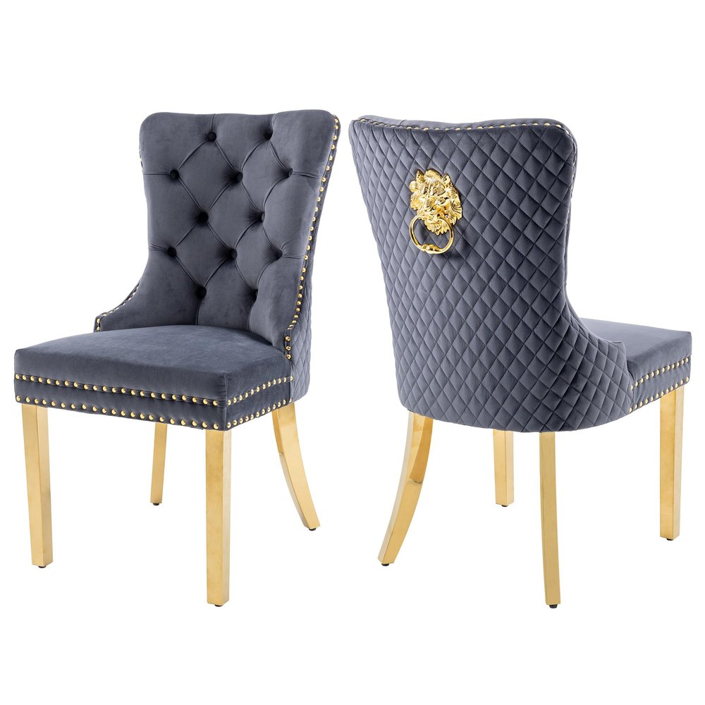 Homedraft Velvet Dining Chairs Set of 2, Nikki Collection Dining Room Chairs with Gold Stainless Steel Legs and Lion Head Pull Ring, Luxury Chair with Nailhead Trim and Button Tufted Back, Dark Gray