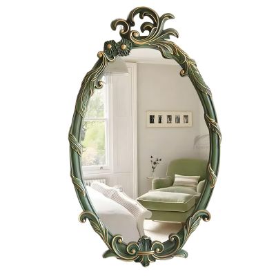 Oval Decorative Antique Mirror for Bathroom, Carved Hanging Small Wall Mirror, Green Shabby Chic Vintage Baroque Mirror, Entrance Makeup Mirror