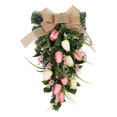 BestAlice Artificial Tulips Spring Teardrop Swag Front Door Grapevine Wreath Front Door Teardrop Summer Wreath andmade Easter Flower Swag Wreath Decoration for Home(Colorful)